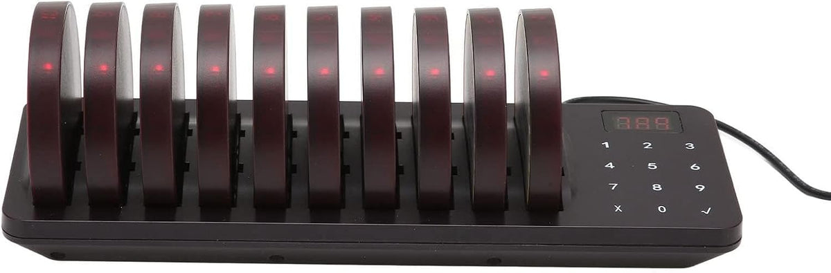 Wireless Calling System with 1 Host and 10 Pagers, 300m Range, Disc Charging, Flashing, Buzzer, and Vibration
