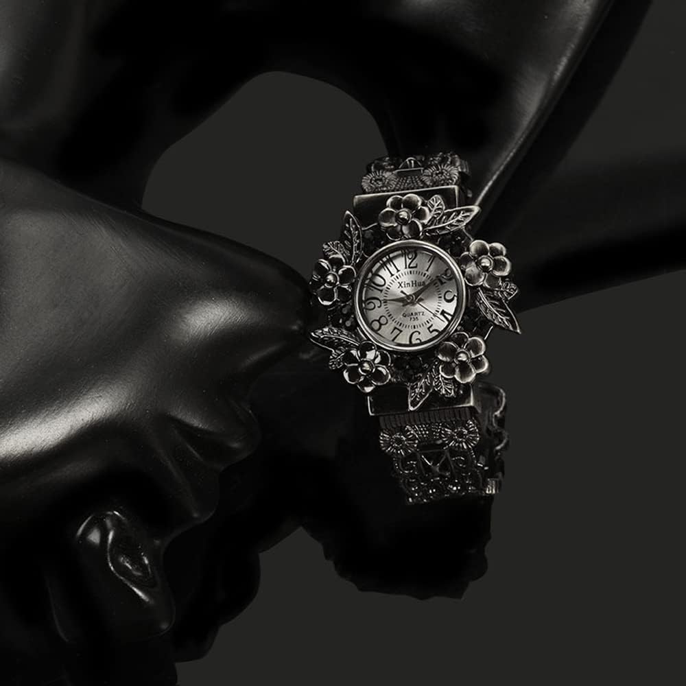 Women Vintage Cuff Bangle Bracelet Watch Carved Flowers Analog Quartz Wrist Watch