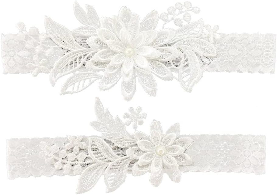 Wedding Garters for Bride Daisy Lace Bridal Garter Hand Sewn Faux Pearls Garter Set 2 Pieces