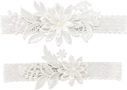 Wedding Garters for Bride Daisy Lace Bridal Garter Hand Sewn Faux Pearls Garter Set 2 Pieces