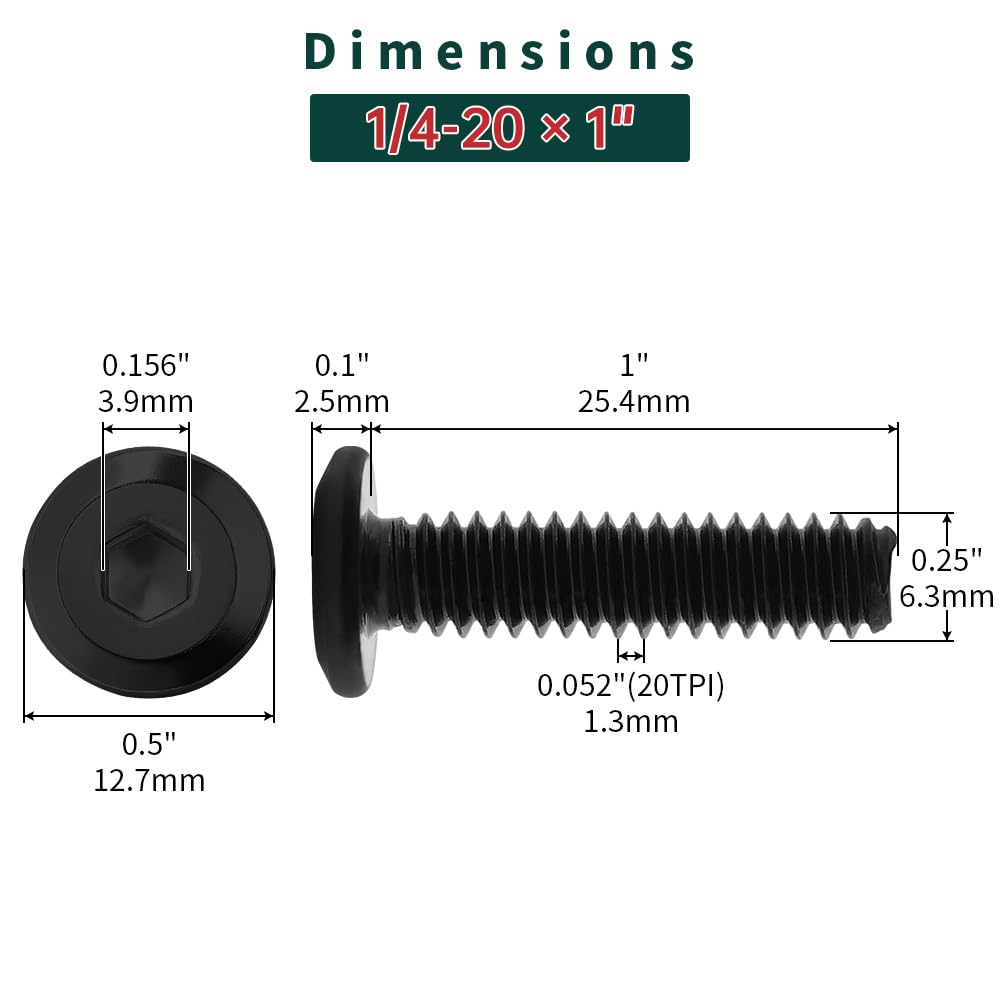 25pcs 1/4-20 x 1 Flat Head Socket Cap Screws, Black 304 SS w/Hex Key