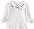 Girls White Long Sleeve Polo Shirt, Peter Pan Collar with Navy Bow Detail, Preppy Top for Toddler Little Girl 2T-7 Years