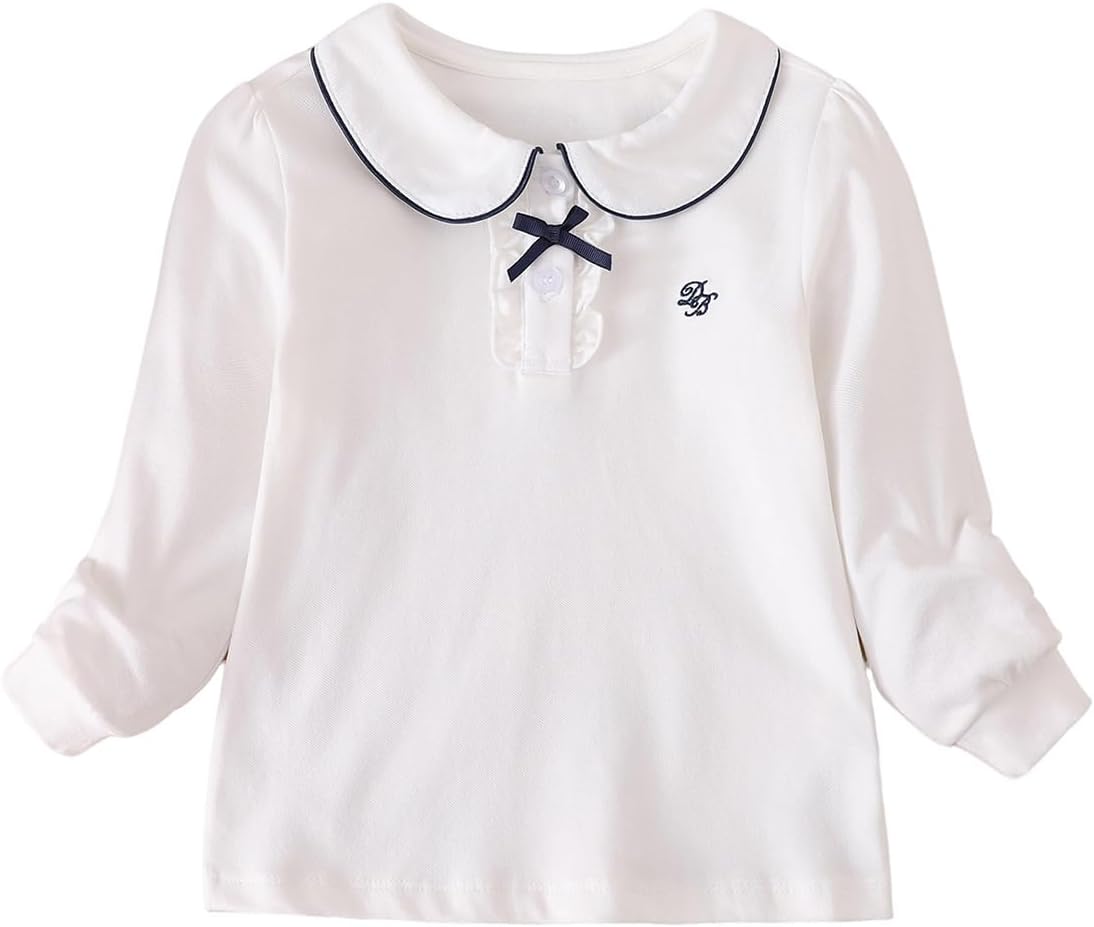Girls White Long Sleeve Polo Shirt, Peter Pan Collar with Navy Bow Detail, Preppy Top for Toddler Little Girl 2T-7 Years