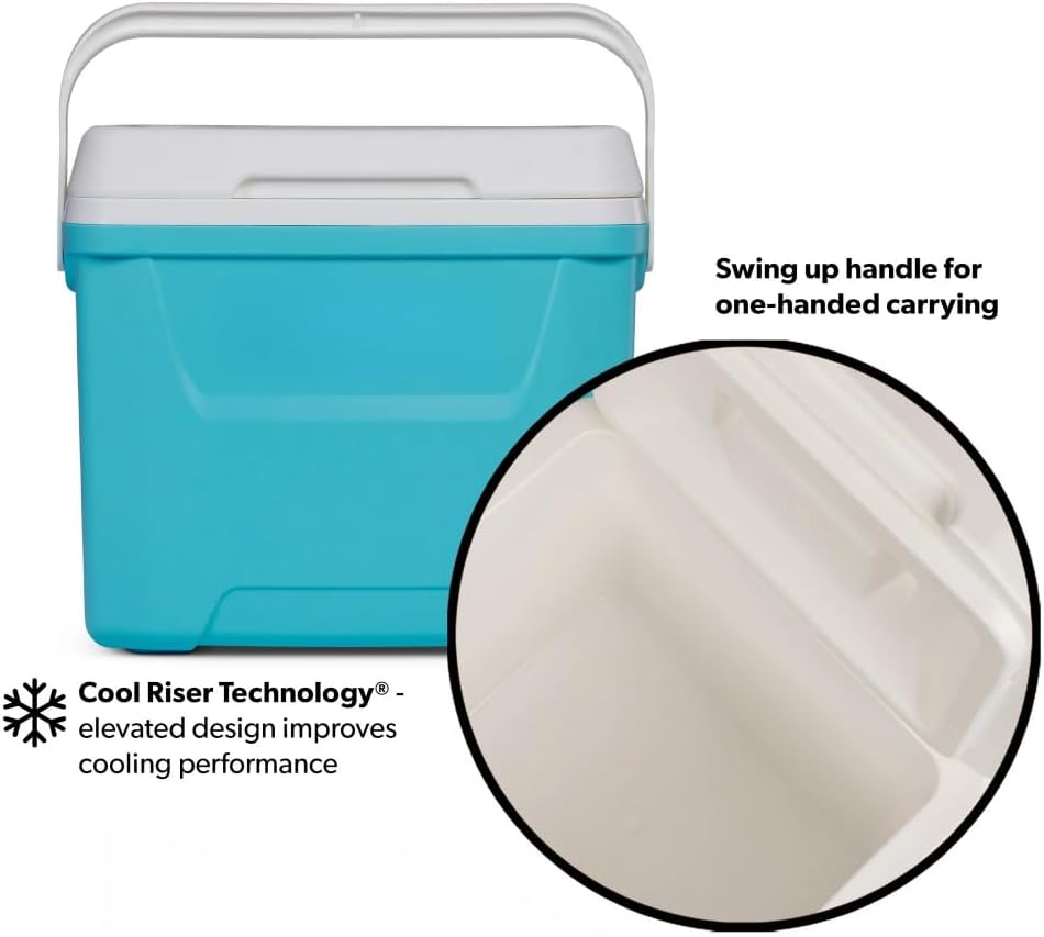 28 QT Hard-Sided Ice Chest Cooler, Aqua Blue & White Insulated Foam Cooler Box, 42 Cans Large Capacity with Swing-Up