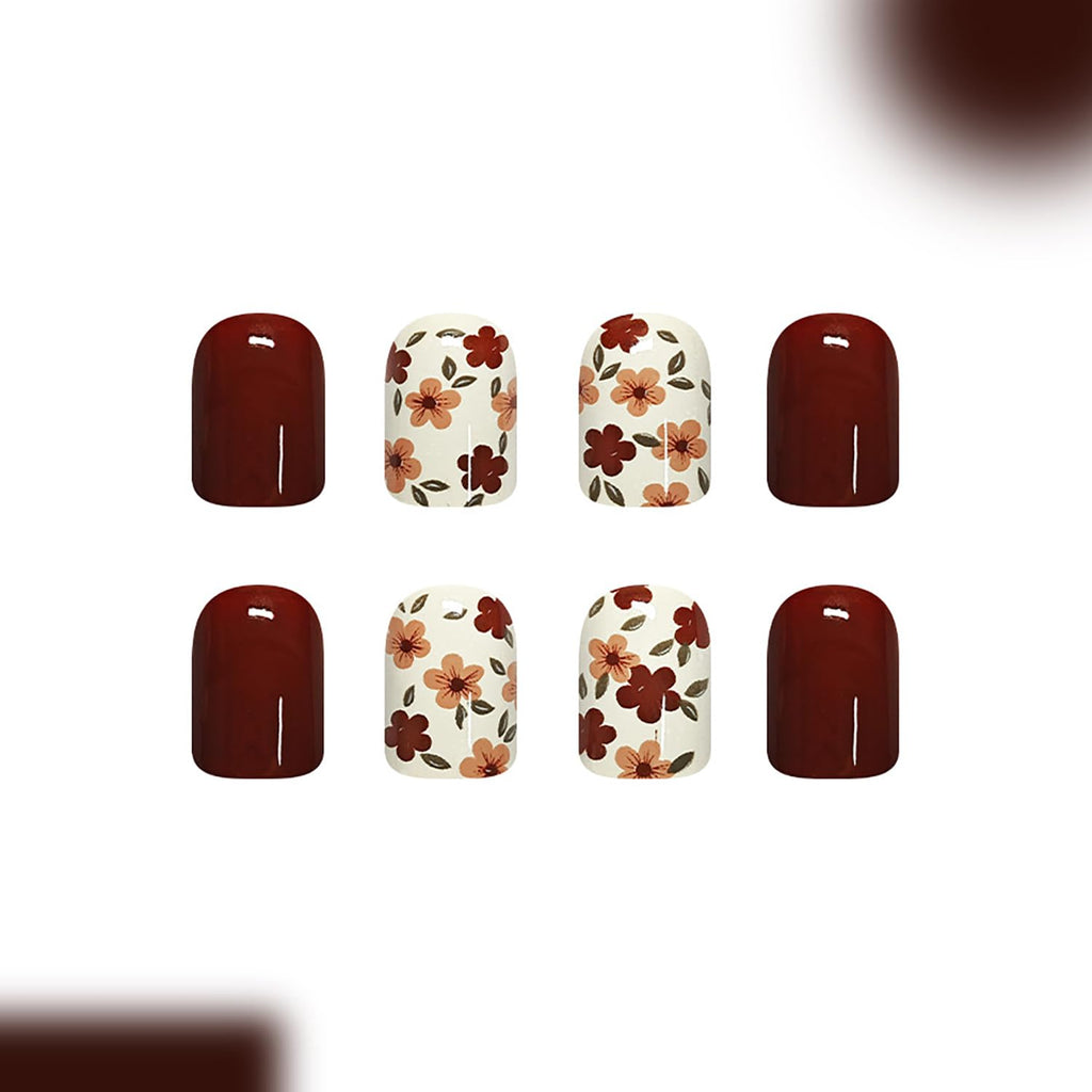 Fall Brown Press On Nails Short Square Fake Nails Autumn Floral False Nails