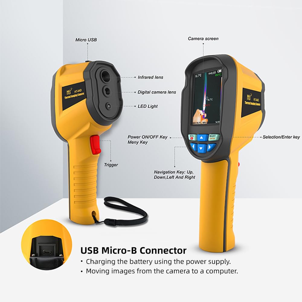 HT-04D Thermal Imaging Camera, 160 x 120 IR Resolution/19200 Pixels, 25Hz Refresh Rate, Portable Handheld Infrared Thermal Imager with Laser Pointer, -4°F~1022°F Temperature Range 2.8in Screen