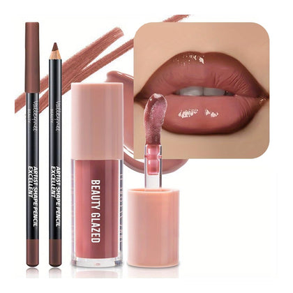 2Pcs/Set Lip Gloss & Lip Liner Set Mocha Brown – Lip Plumping Effect Lip Combo Set for Volume Lips, Fuller Looking