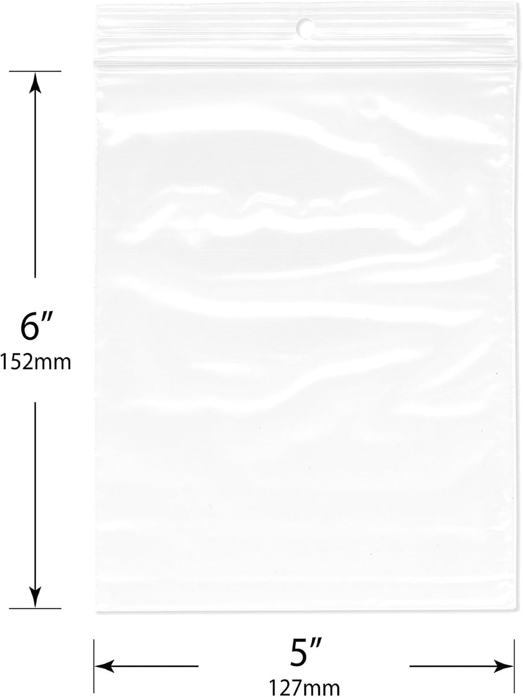 5 x 6 inch, 2 Mil Hang-Hole Zipper Reclosable Bags (Pack of 100)