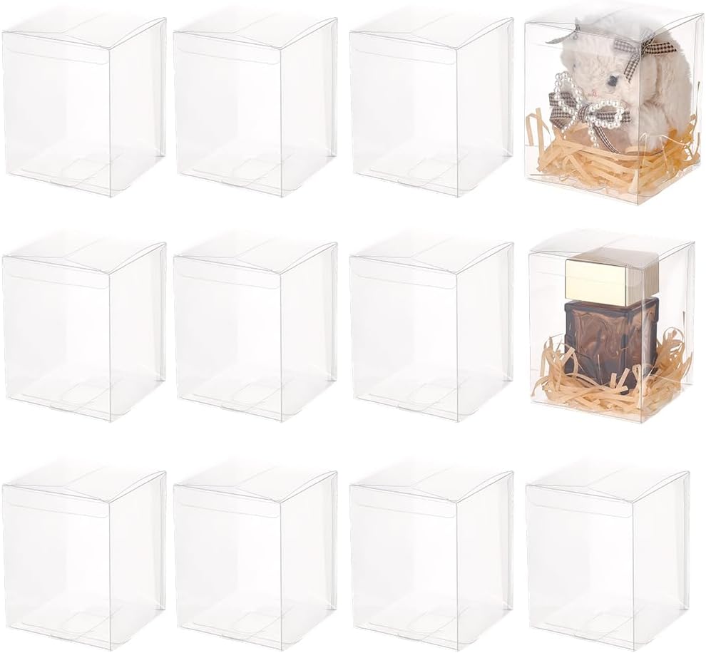 12Pcs Clear Favour Boxes 4x3x3 Inch Plastic Rectangle PVC Gift Boxes Transparent Present Candy Chocolate Cookies