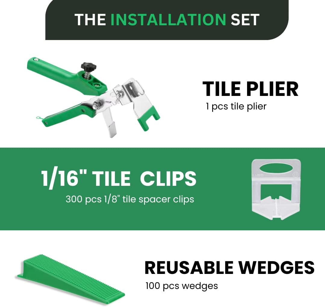 Tile Leveling System with 1 Plier, 300 Wedges, 300 1/16" Clips - Tile Spacer Leveling System Kit for Perfect Tile