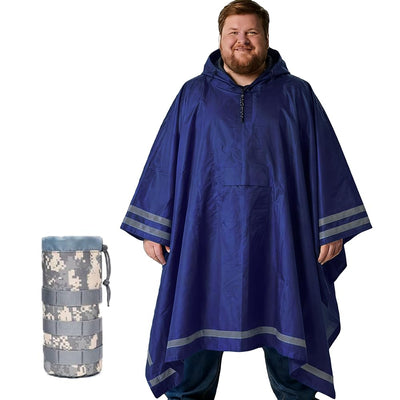 Plus Size Rain Poncho with Hood and Reflective Stripes, Blue