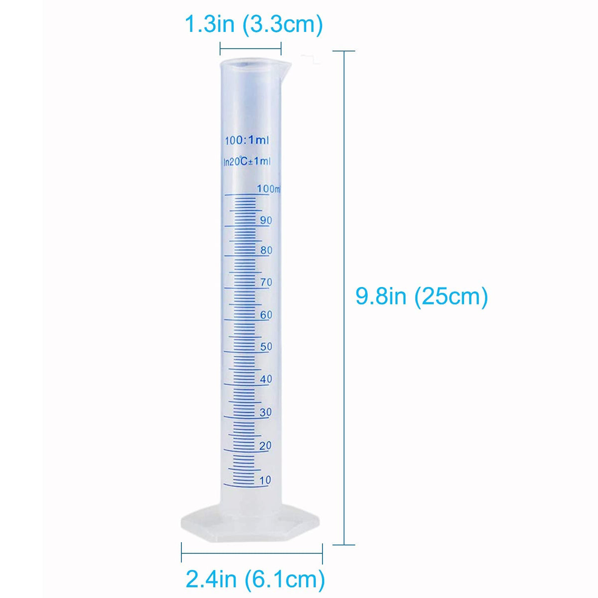 10Pack 100ml Plastic Graduated Cylinder, 2-Sided Marking Lab Cylinders