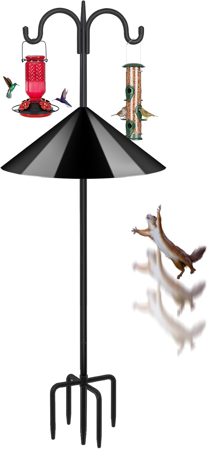 Heavy Duty Shepherds Hook Squirrel-Proof Bird Feeder Pole 92" Double Hooks 5-Prong Base & 19" Baffle for Outdoor