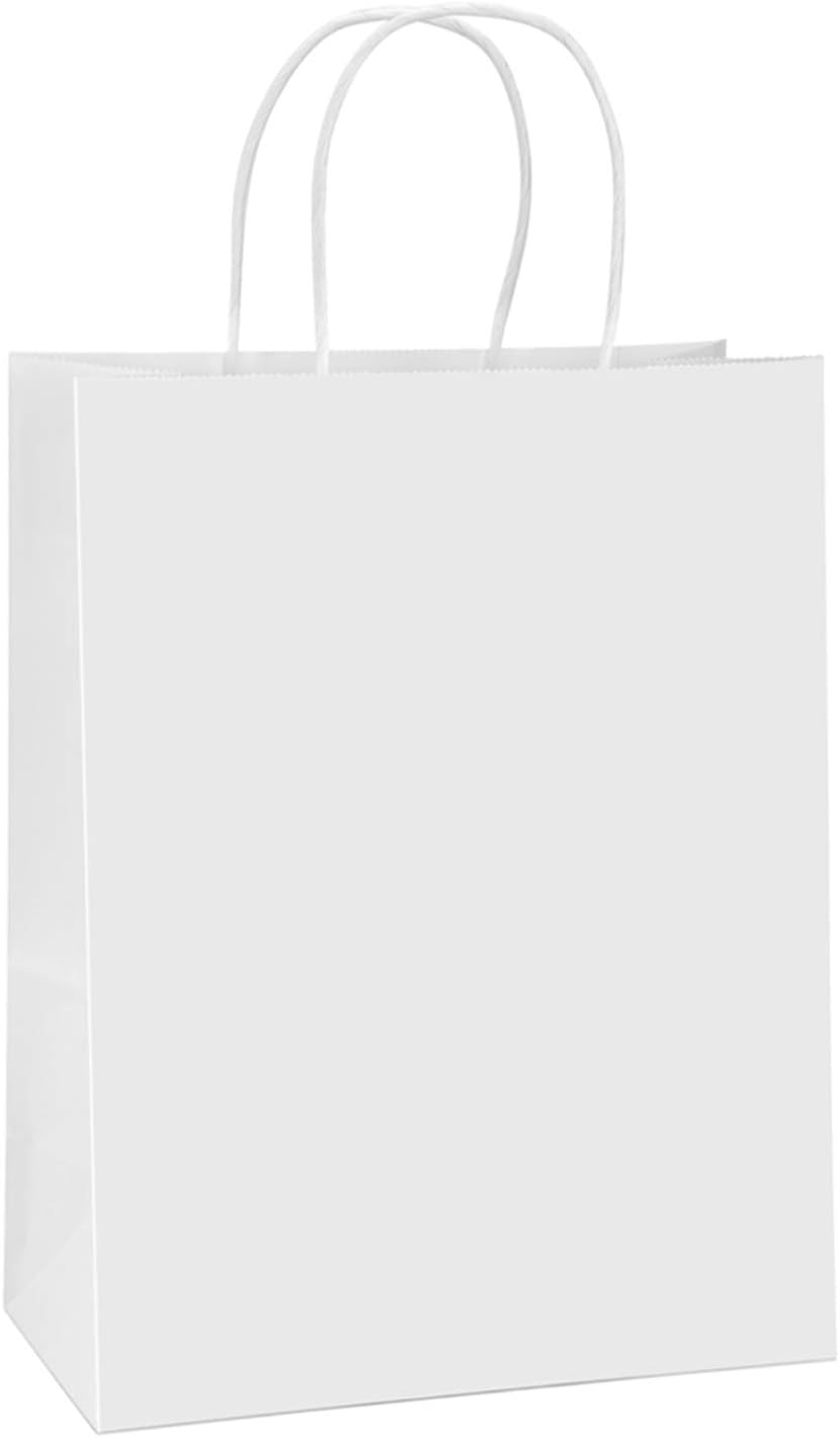 Kraft Paper Bags with Handles 10x5x13 Inch White 100 Pack Bulk