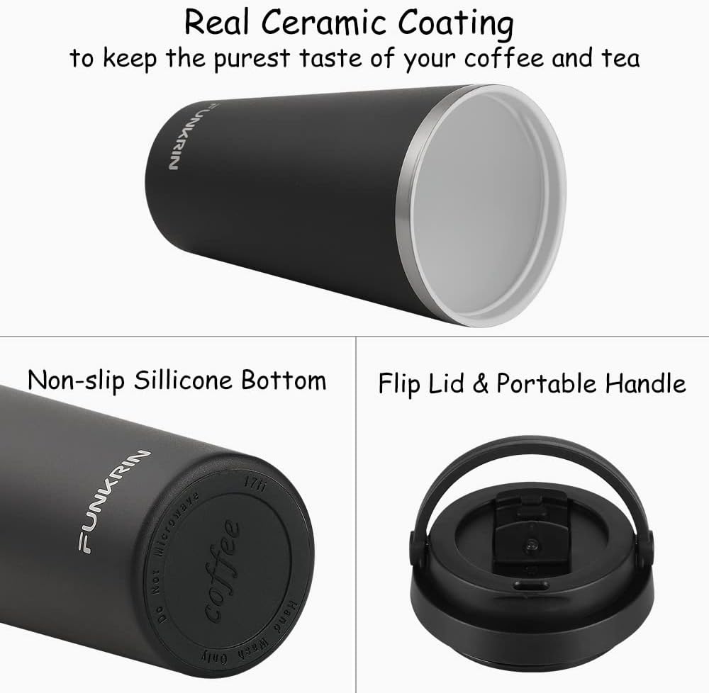 Insulated Coffee Mug with Ceramic Coating, 16oz Iced Coffee Tumbler Cup with Flip Lid and Handle, Double Wall Vacuum