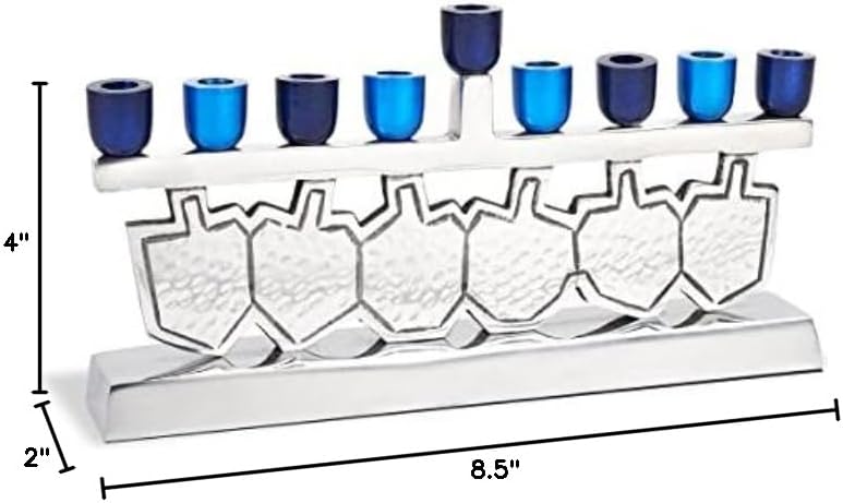 Dancing Dreidels Menorah with Multi-Blue Anodized Candle Cups - Fits Standard Hanukkah Candles - Exciting Driedels