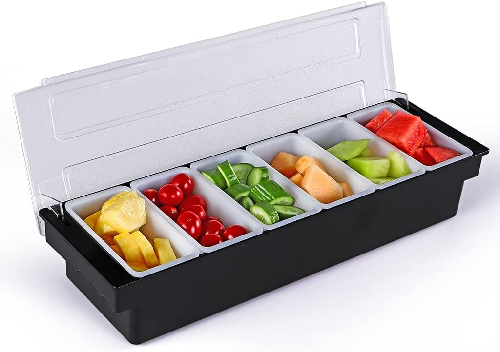 Ice Cooled Condiment Container, 6 Compartments Garnish Tray with Lid, Fruit Veggie Condiment Caddy for Party, Bar