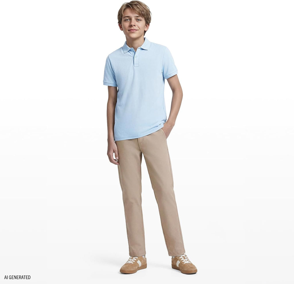 Boys' School Uniform Short Sleeve Polo Shirt, Button Closure, Comfortable & Soft Pique Fabric