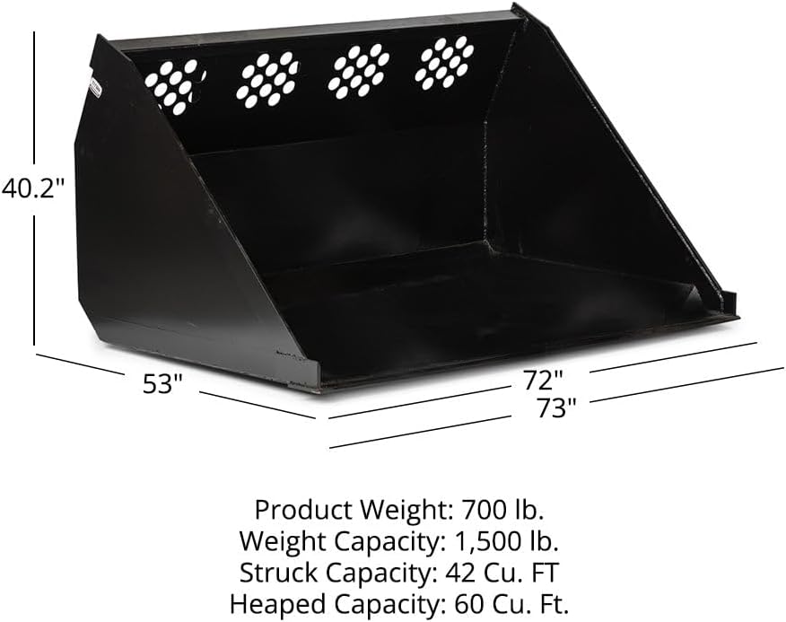 72" High Capacity Skid Steer Bucket, 42 Cu Ft Struck Capacity, Universal Quick Tach, 0.5" Thick Cutting Edge