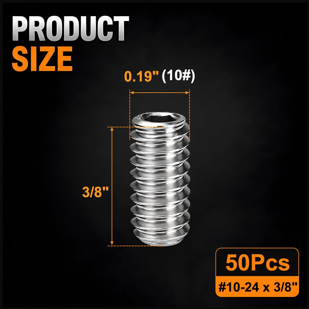 50Pcs #10-24 x 3/8" Set Screws, Hex Socket Grub Screws with Cup Point