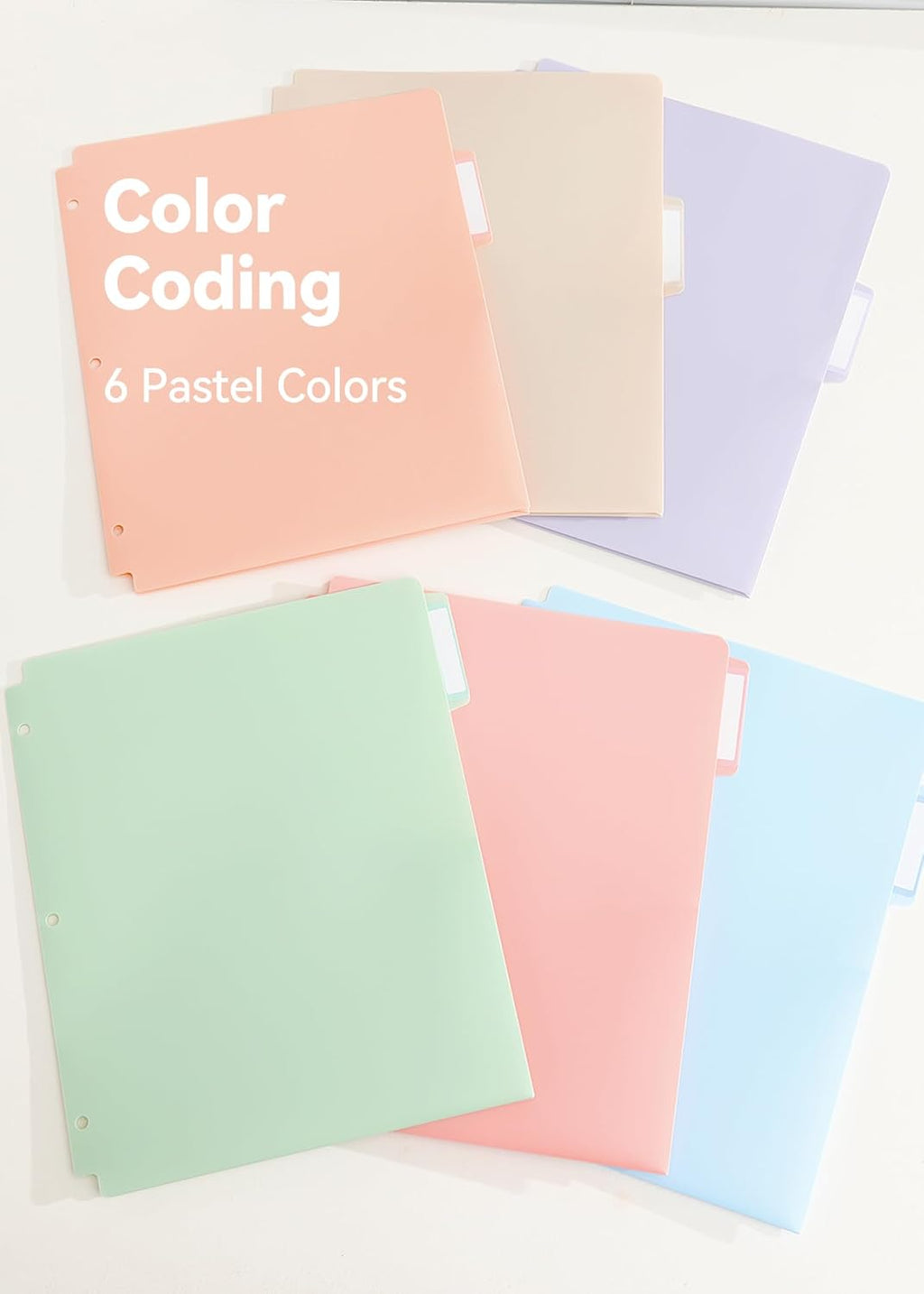 Plastic Folders with Pockets, 3 Hole Punched for 3 Ring Binder, 1/3 Cut Index Tabs for Quick Find, Pastel 6 Pack