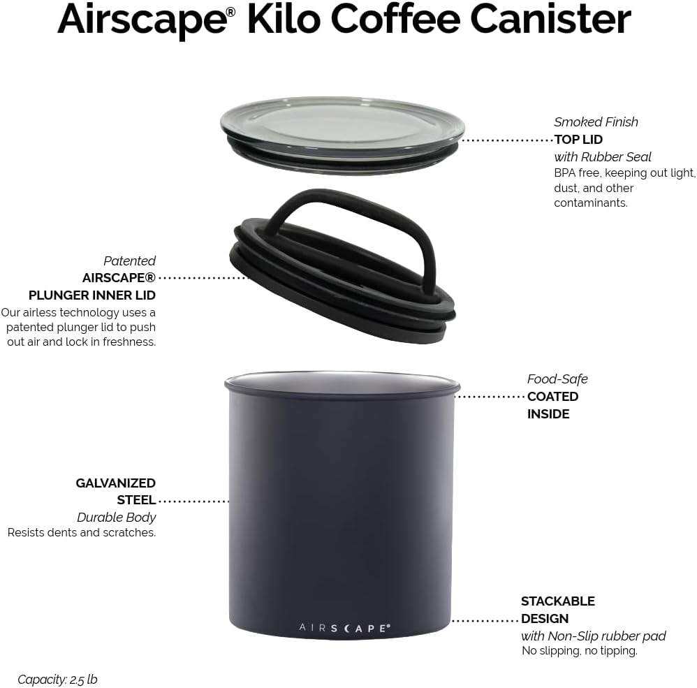 by Planetary Design | 2.2 lbs Coffee Storage | Matte Gray | Plunger Lid Removes Excess Oxygen - Don't Buy airtight