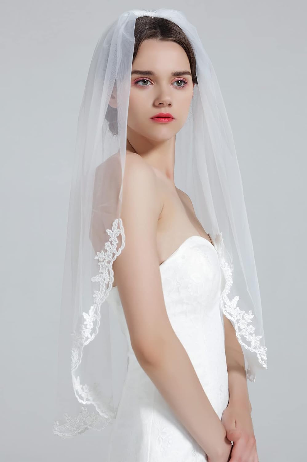 Wedding Bridal Veil with Comb 1 Tier Lace Applique Edge