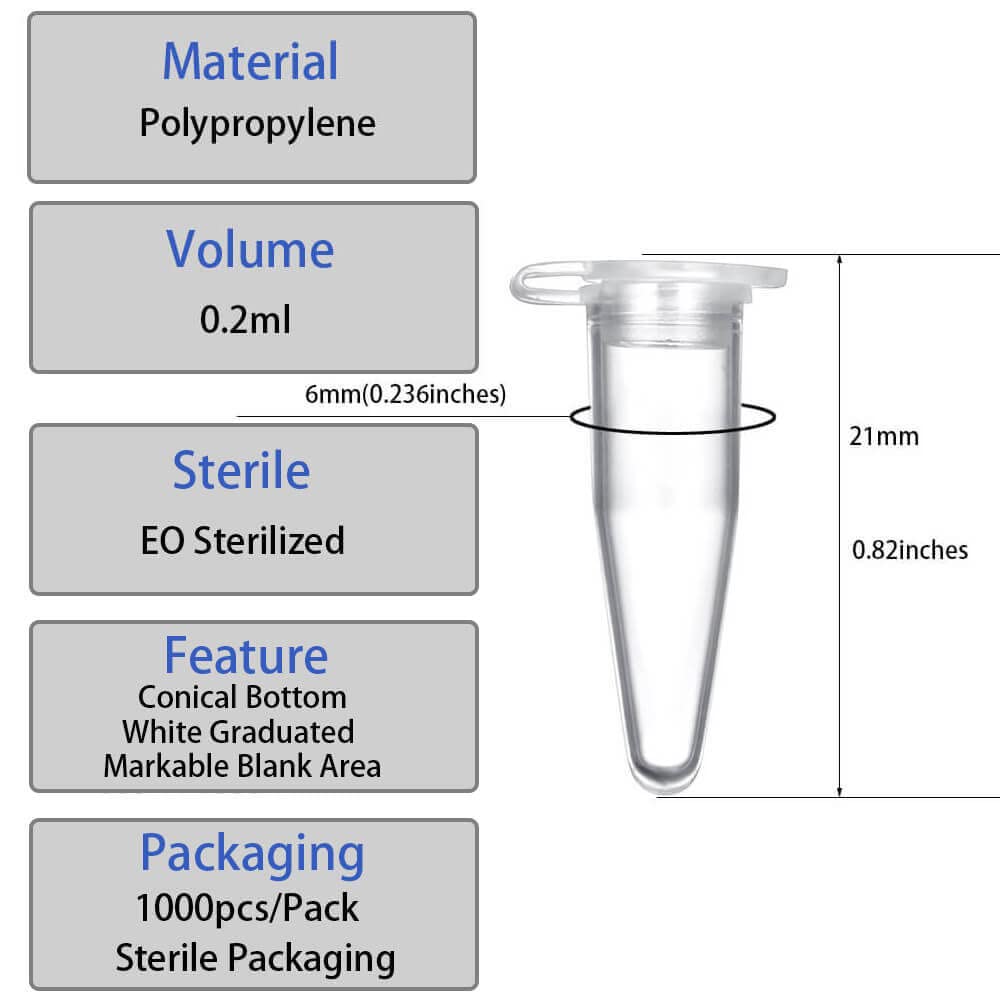 0.2ml Microcentrifuge Tubes 300 Pieces, EO Sterilized Plastic Small Vials with Caps for Sample Storage Without