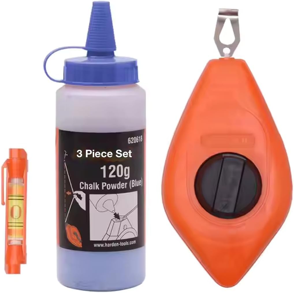 Chalk Line Tool Set with Reel, Powder, Line Level - 3 Piece Chalk Line Set for Carpentry, Drywall, Sports - 100 Ft