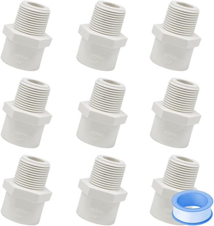 9PCS 3/4 Inch Male Thread White PVC Fittings 2-Way PVC Pipe Coupling Adapter Connectors with 3/4" Male Thread Schedule 40 HE054-3/4