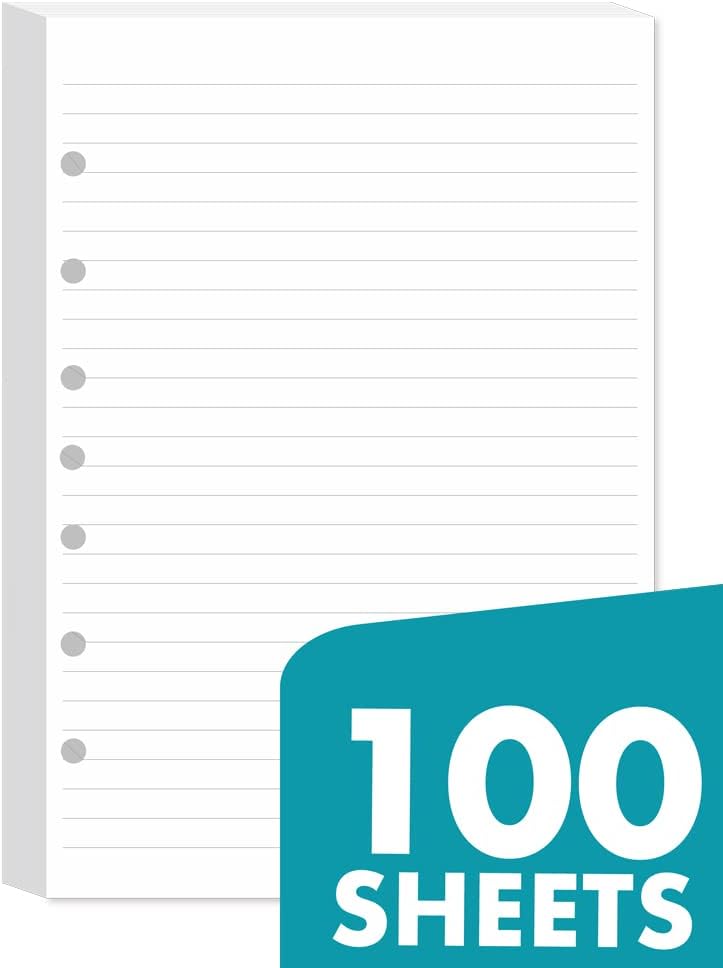 7-Hole Lined Filler Paper Pack of 100 Sheets for Mini Binders, College Ruled, 5-1/2" x 8-1/2", White