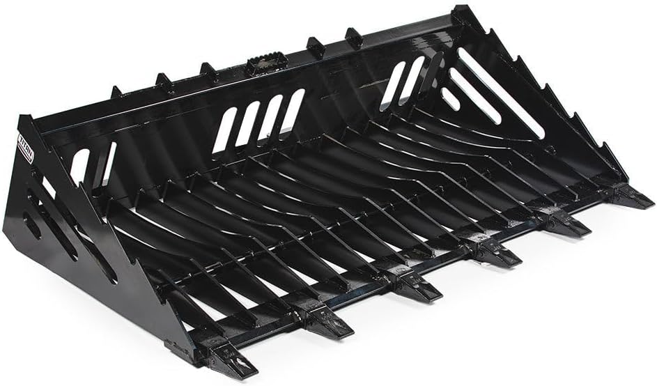 72" Skeleton Rock Bucket with Bolt-On Teeth, Skid Steer Quick Tach Mounting System, 4" Spaced Tines, Reinforced Side