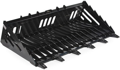 72" Skeleton Rock Bucket with Bolt-On Teeth, Skid Steer Quick Tach Mounting System, 4" Spaced Tines, Reinforced Side