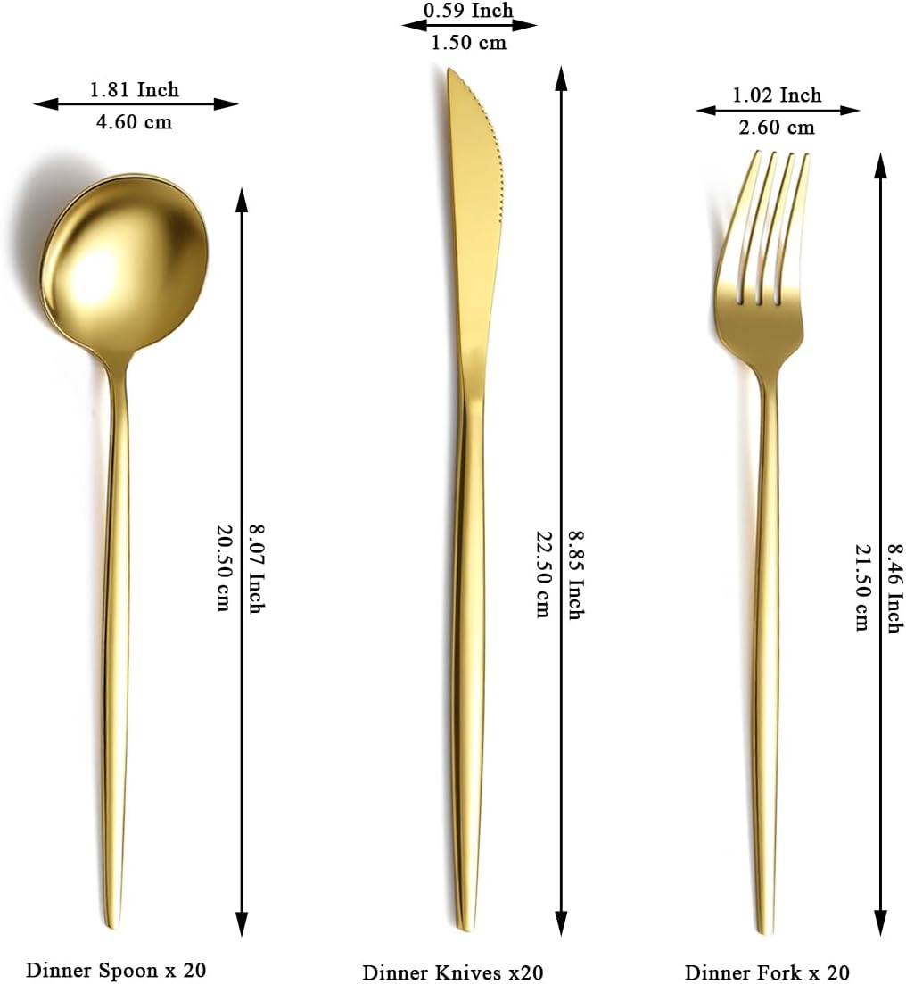 Gold Silverware Set 60 Piece Service for 20, Titanium Gold Plated Stainless Steel Flatware Set, Knives Forks Spoons