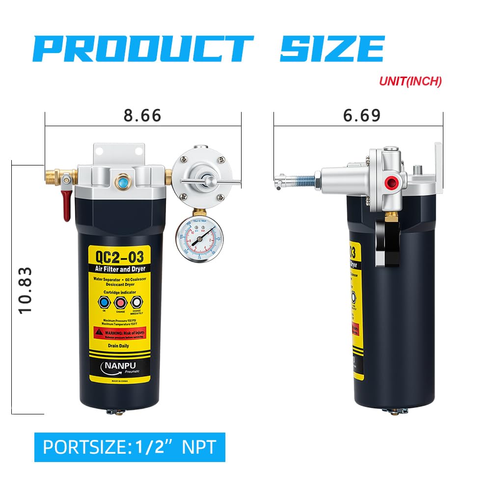 NANPU QC2 1/2" NPT Desiccant Air Dryer with Regulator and Gauge