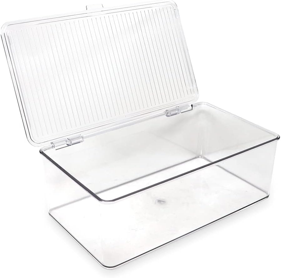 Medium Stackable Organizer Bin (10.75”x6.5”x3.7”) w/ Hinged Lid, Clear Storage Box, Home, Office, School, Fridge