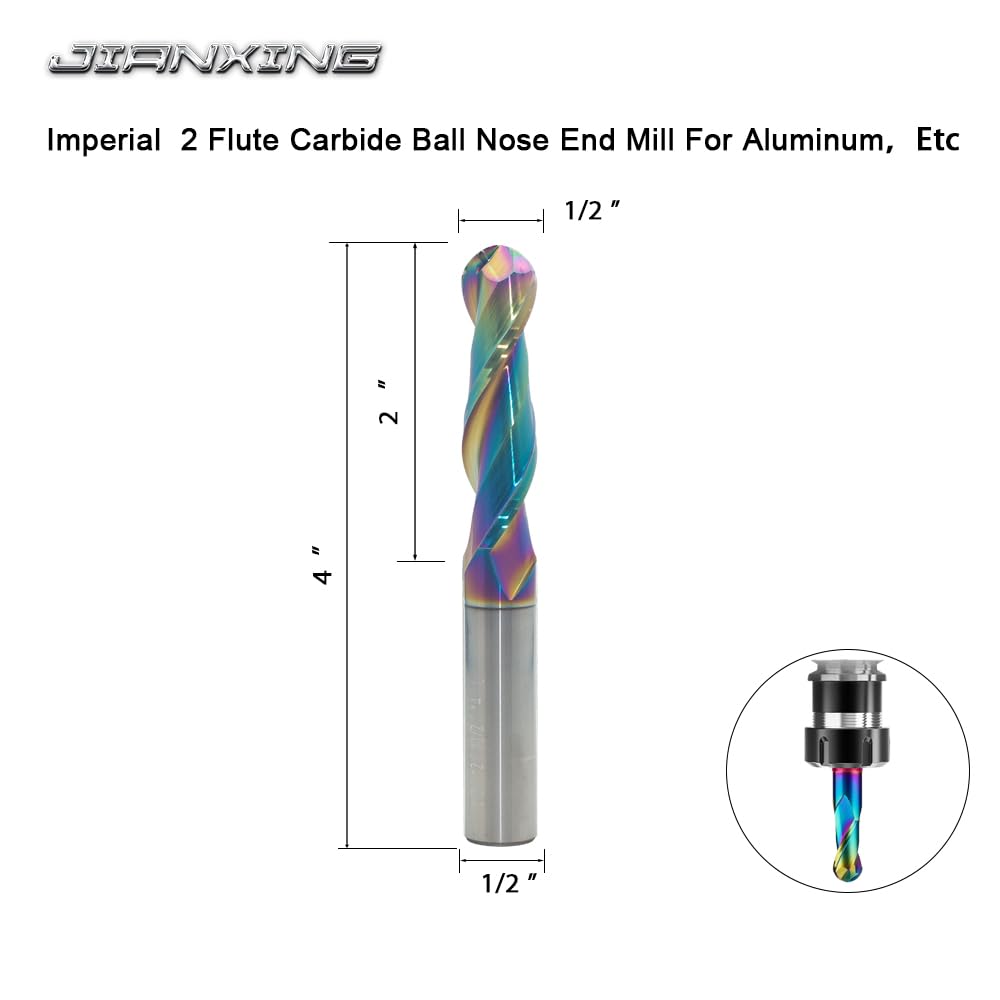 1/2" Extra Long 2-Flute Carbide Ball Nose End Mill, 4” OAL, 1pc