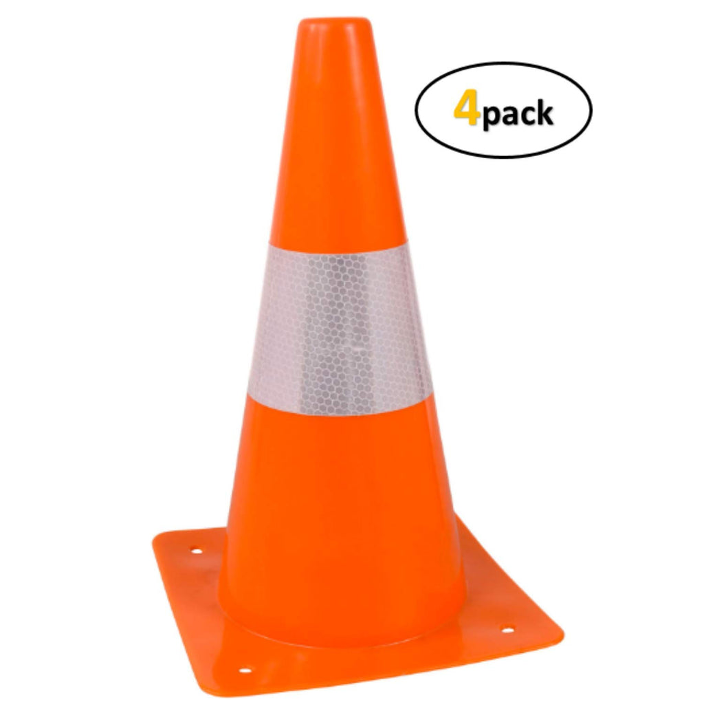 Orange Safety Cones - Hazard Cones (4Pc) 12" Hardware Plastic Safety Cone with Reflective Strip Collar - Great for