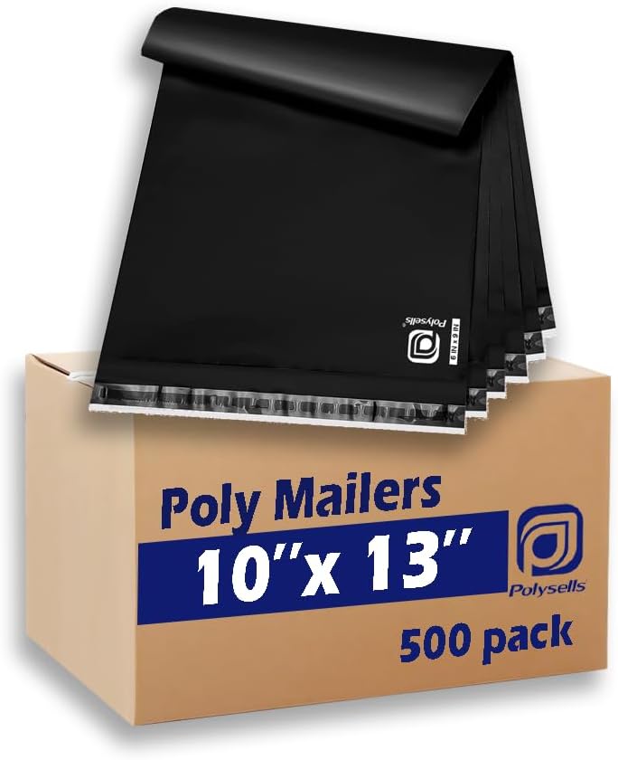 500 pcs 10x13 Inches Black Poly Mailers Shipping Envelopes, Strong Adhesive Sealing, Waterproof, and Tear-resistant