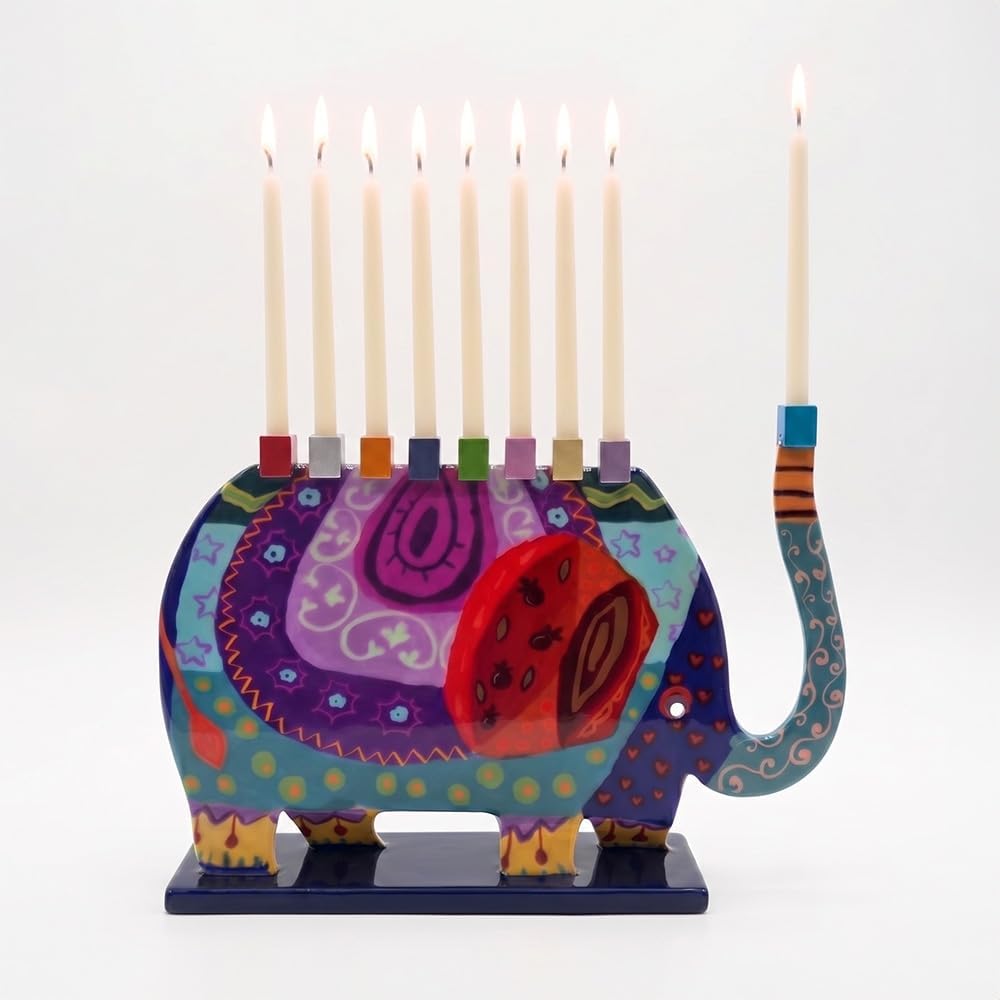 Yair Emanuel Hanukkah Menorah Elephant Shape 11.2 x 8 Inches - Standared Hannuah Candles - Colorful Chanukiah Hand