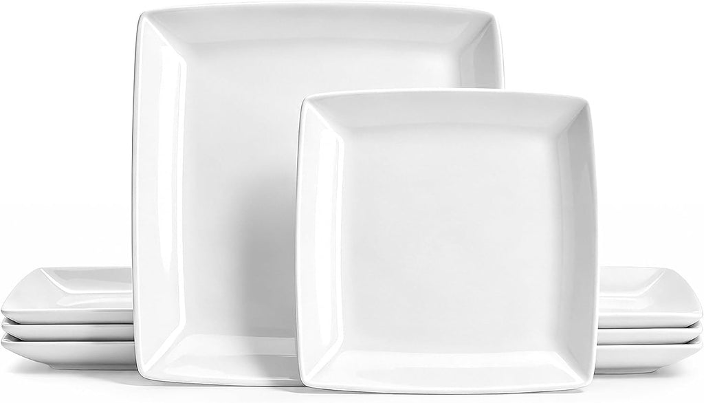 Porcelain Square Dinner Plates, 10.75 & 8.4 Inch White Plate Set of 8