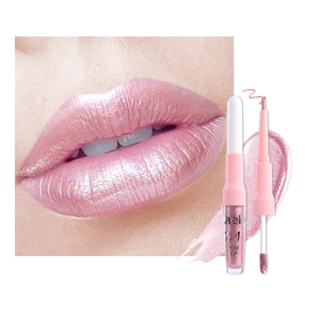 2-in-1 Light Pink Metallic Lipstick and Lip Liner, Shimmer Liquid Metallic Lipsticks for Women, Glitter Lip Gloss