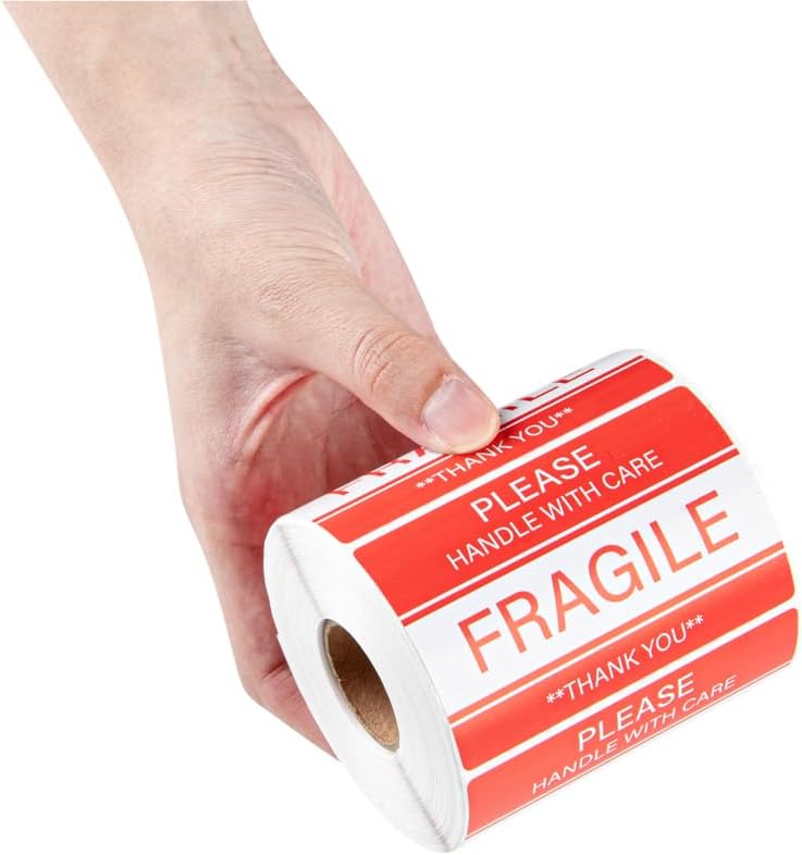 Label Tek 3 x 2 Inch Packaging Stickers, 500 Premium Shipping Labels - Handle with Care, Sustainable, Red and White