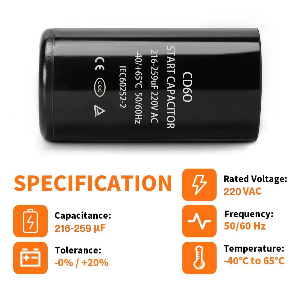 216-259 uf/MFD 220-250 VAC Round Start Capacitor ±20% 50/60 Hz CD60 Round Motor Well Pump Start Capacitor