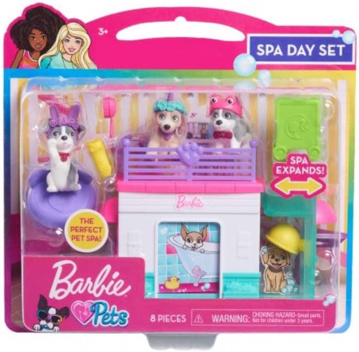 Barbie Pets Spa Day Playset, 8 Piece Connectible Playset with Pet Figures and Accessories, Kids Toys for Ages 3 Up by