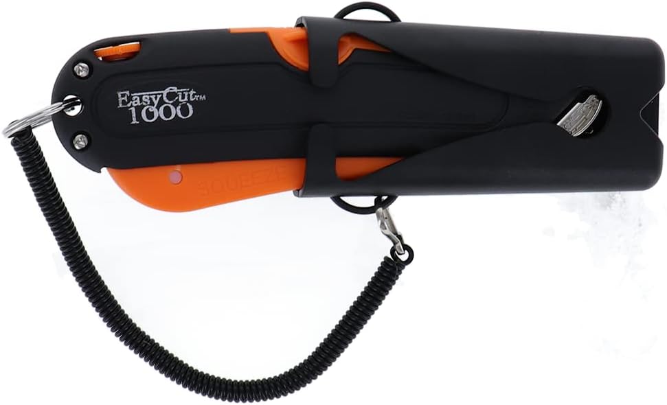 Modern Box Cutter, 3 blade depth setting, Squeeze Trigger and Edge Guides, Holster, Lanyard, Extra Blade - 1000 Orange