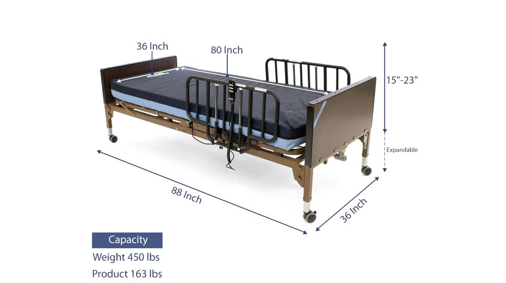 Semi-Electric Hospital Bed for Home Use – Adjustable Medical Bed with Foam Mattress & Half Rails Included, Quiet