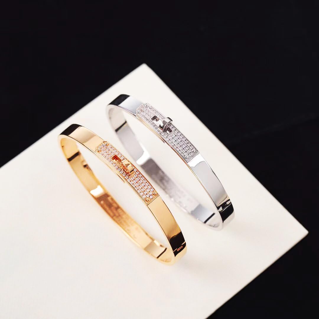 18K Gold Plated Turn Lock Bracelet with Cubic Zirconia，Classical Fashion Stainless Steel Bangle Bracelet for Men and