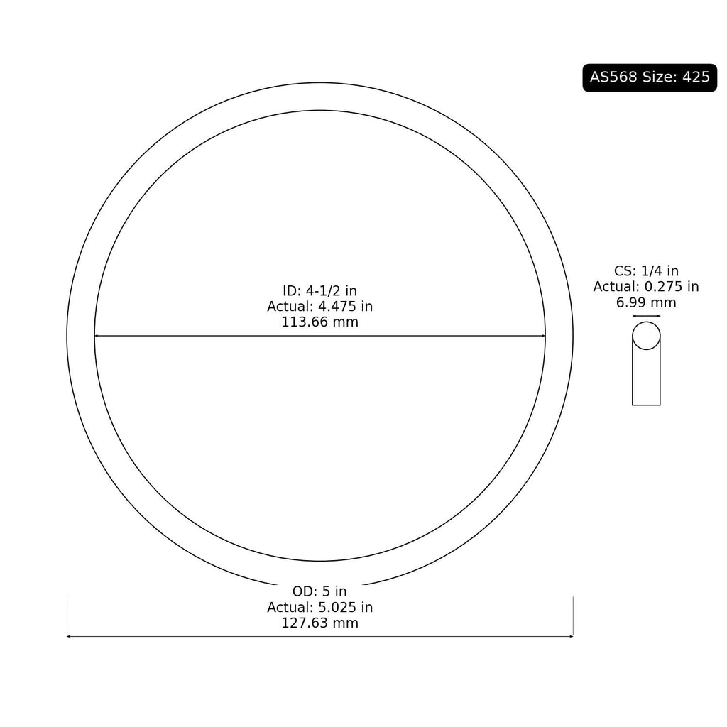 5 PK AS-425 Buna-N O-Ring, 70A 4-1/2" ID, 5" OD, 1/4" Width, Black