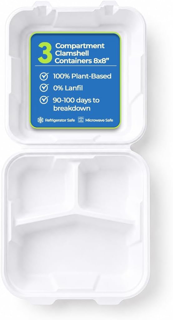 . 8x8'' Compostable 3-Compartment Takeout Containers,100 Pack, Eco-Friendly Biodegradable To Go Boxes, Heavy-Duty